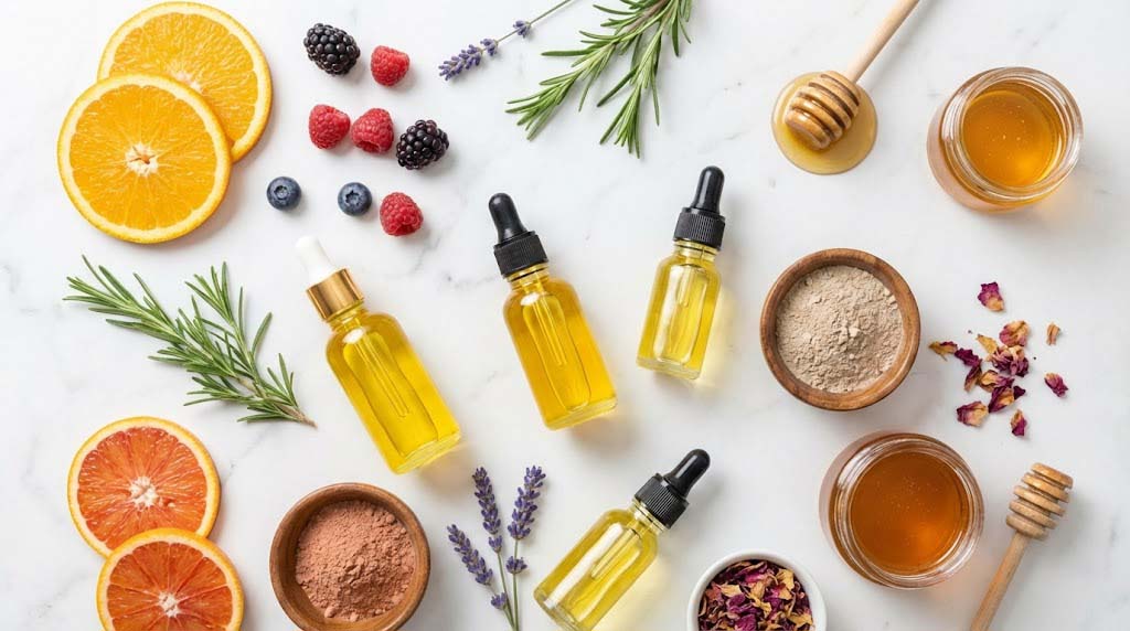 Natural skincare ingredients including fruits, herbs, and plant oils arranged beautifully
