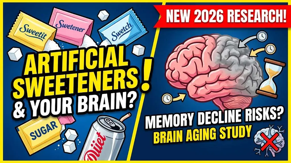 Conceptual image of brain scan and artificial sweetener packets illustrating the link between sugar substitutes and accelerated cognitive decline according to new 2026 research.