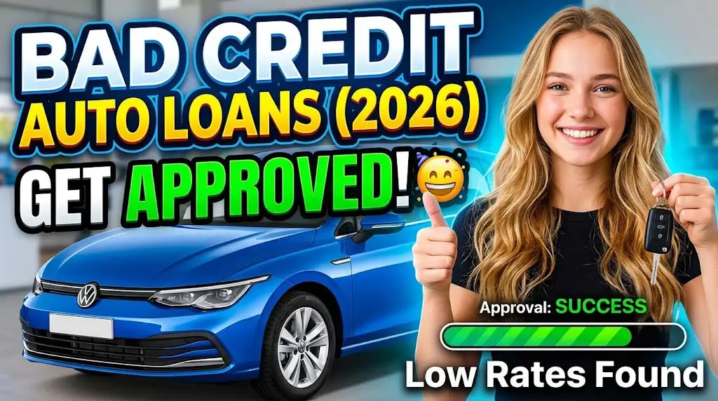 A person reviewing car financing options on a laptop, with a credit score graphic showing improvement, representing how to get a bad credit auto loan.