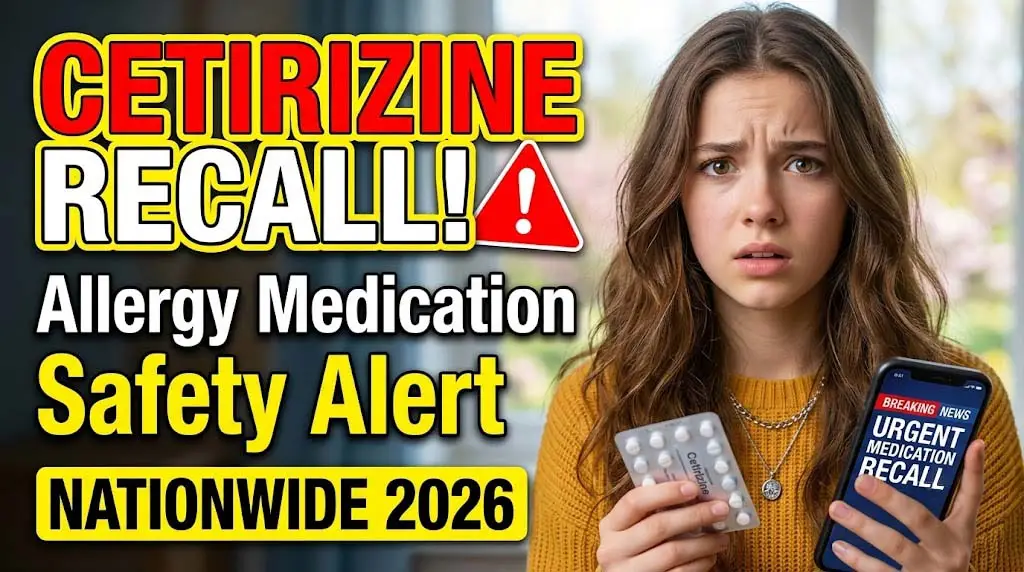 Pharmacy shelf with cetirizine allergy medication and a recall alert notice, representing the 2026 FDA cetirizine recall due to nitrosamine impurity.