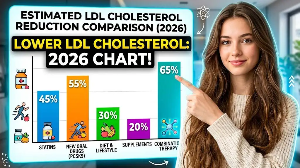 Bar chart comparing LDL cholesterol reduction: statins alone (30-50%), injectable PCSK9 (50-60%), and new oral PCSK9 pills (up to 65%) from Merck and Amgen.
