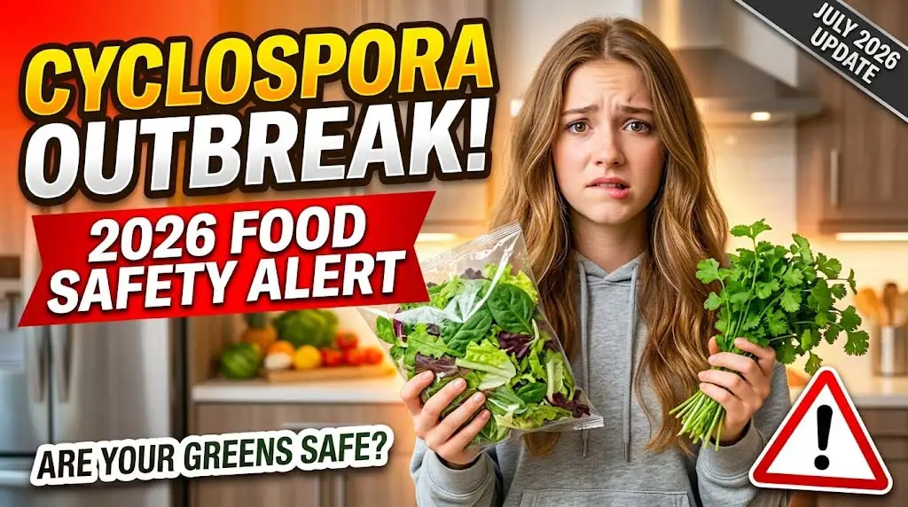 CDC cyclosporiasis outbreak map 2026 highlighting Louisiana, Oklahoma, and Michigan with fresh lettuce and salad contamination warning - foodborne parasite alert