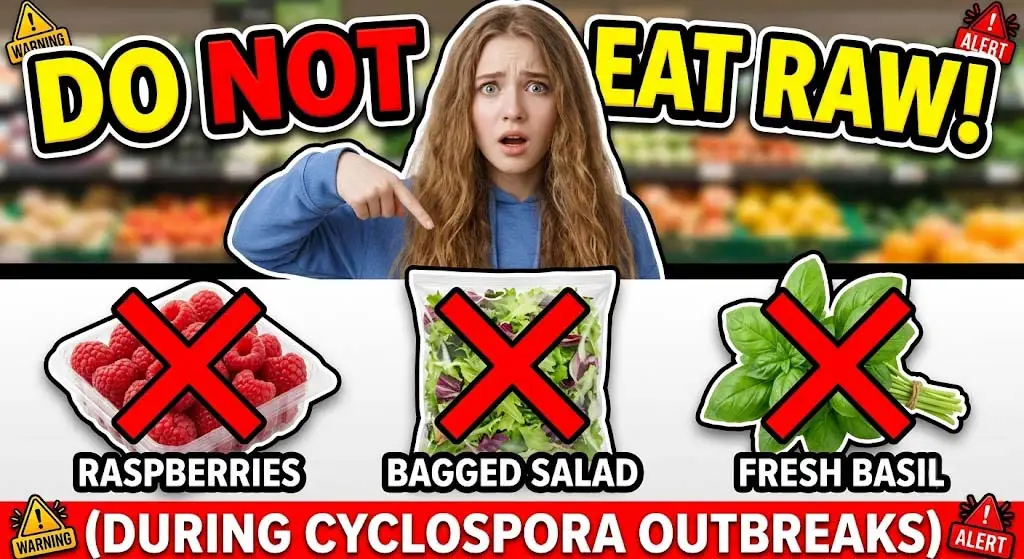 Infographic showing high-risk foods to avoid during a cyclosporiasis outbreak including lettuce, salad mixes, fresh berries, cilantro, and pre-cut fruit - kitchen safety guide