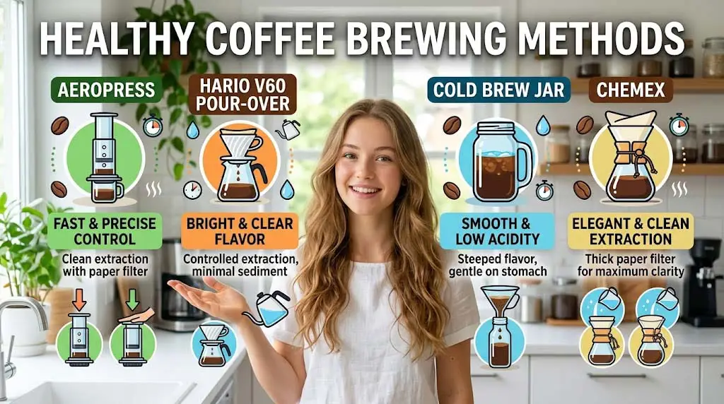 Infographic showing heart-healthy coffee preparation: using paper filter, avoiding sugar, choosing organic beans, and optimal timing.