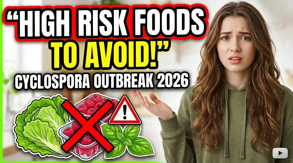 Infographic of foods to avoid during Taylor Farms cyclospora outbreak including bagged lettuce, taco bell salads, pre-cut vegetables, and iceberg lettuce blends - kitchen safety visual