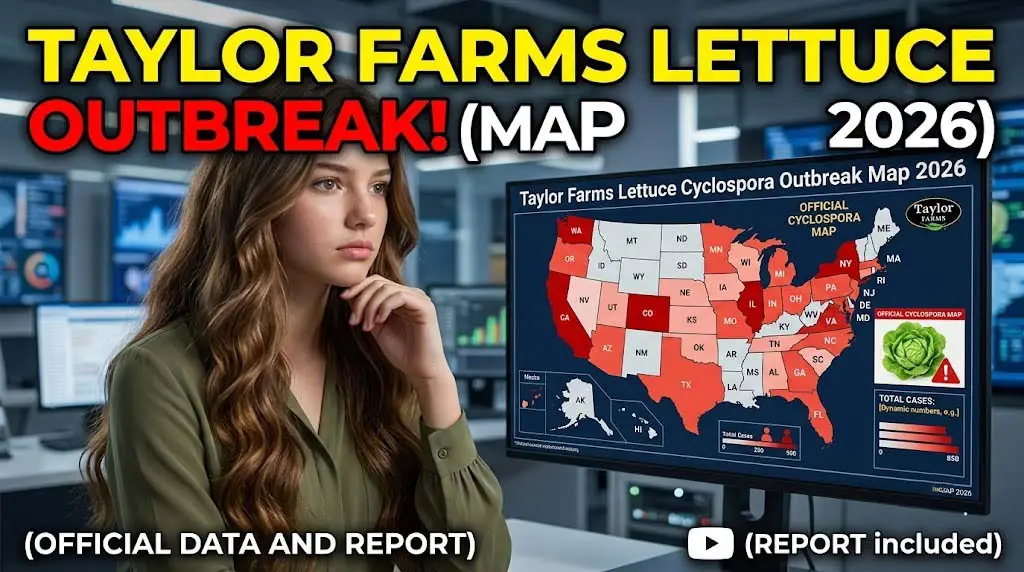 CDC outbreak map showing cyclospora cases linked to Taylor Farms lettuce supplied to Taco Bell and Chipotle across multiple U.S. states - food safety alert 2026