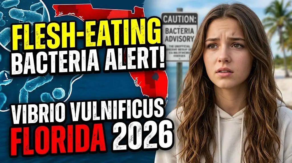 Sign warning of vibrio vulnificus bacteria in warm saltwater, with beach background, representing the Florida 2026 health advisory.