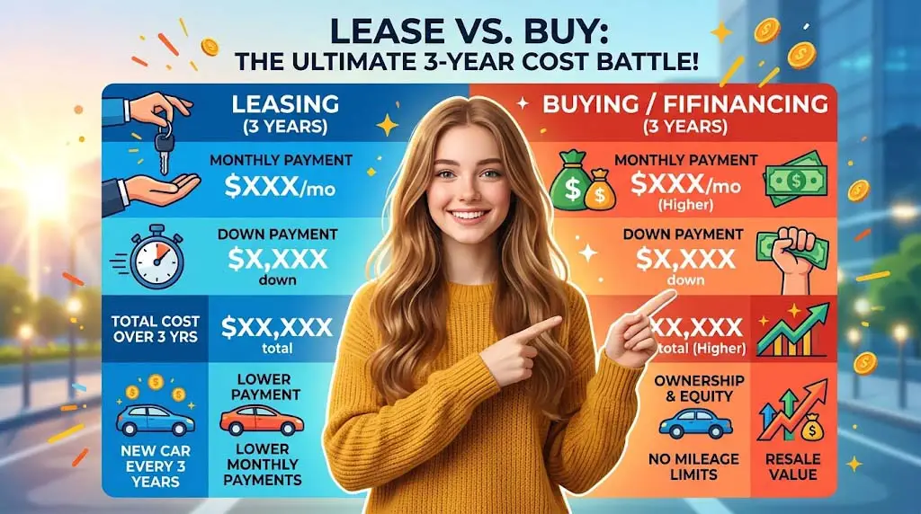 Auto lease vs buy cost comparison chart showing total expenses over 36 months including payments, insurance, and maintenance