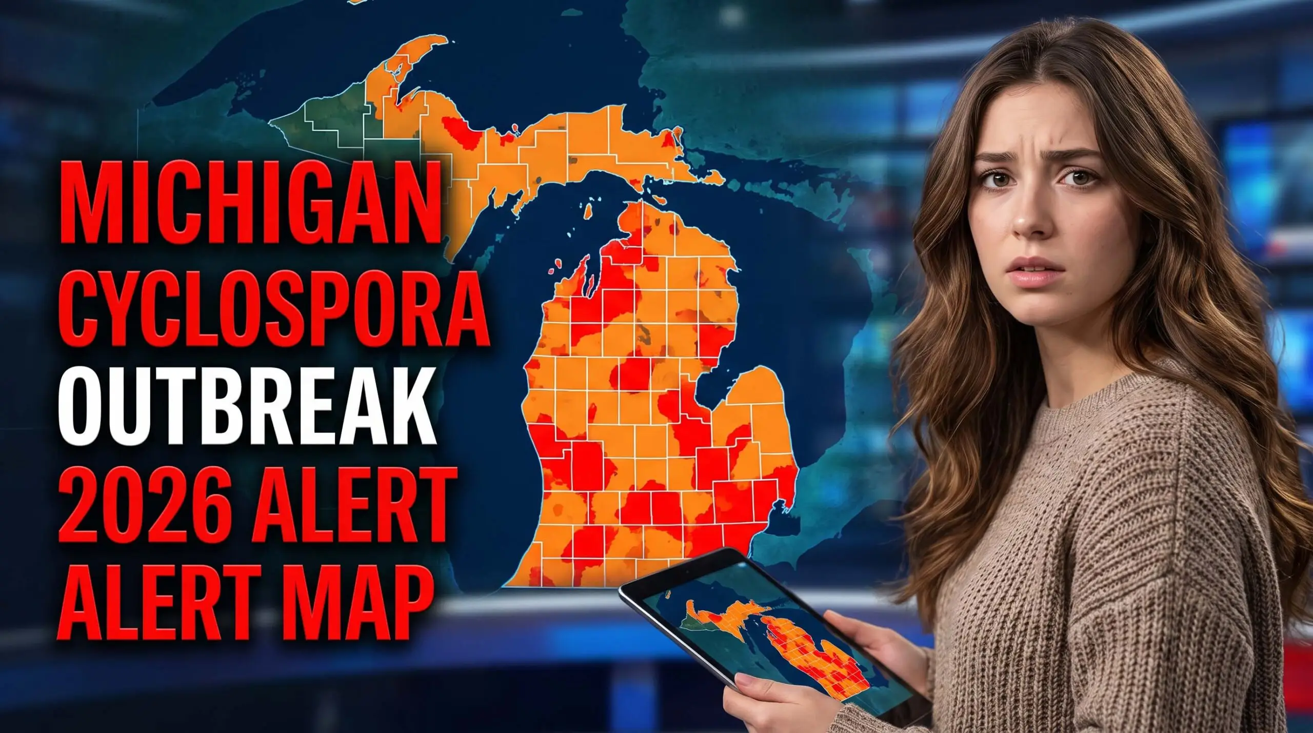 Map of Michigan highlighting counties affected by the 2026 cyclosporiasis outbreak, with a warning about contaminated fresh produce.