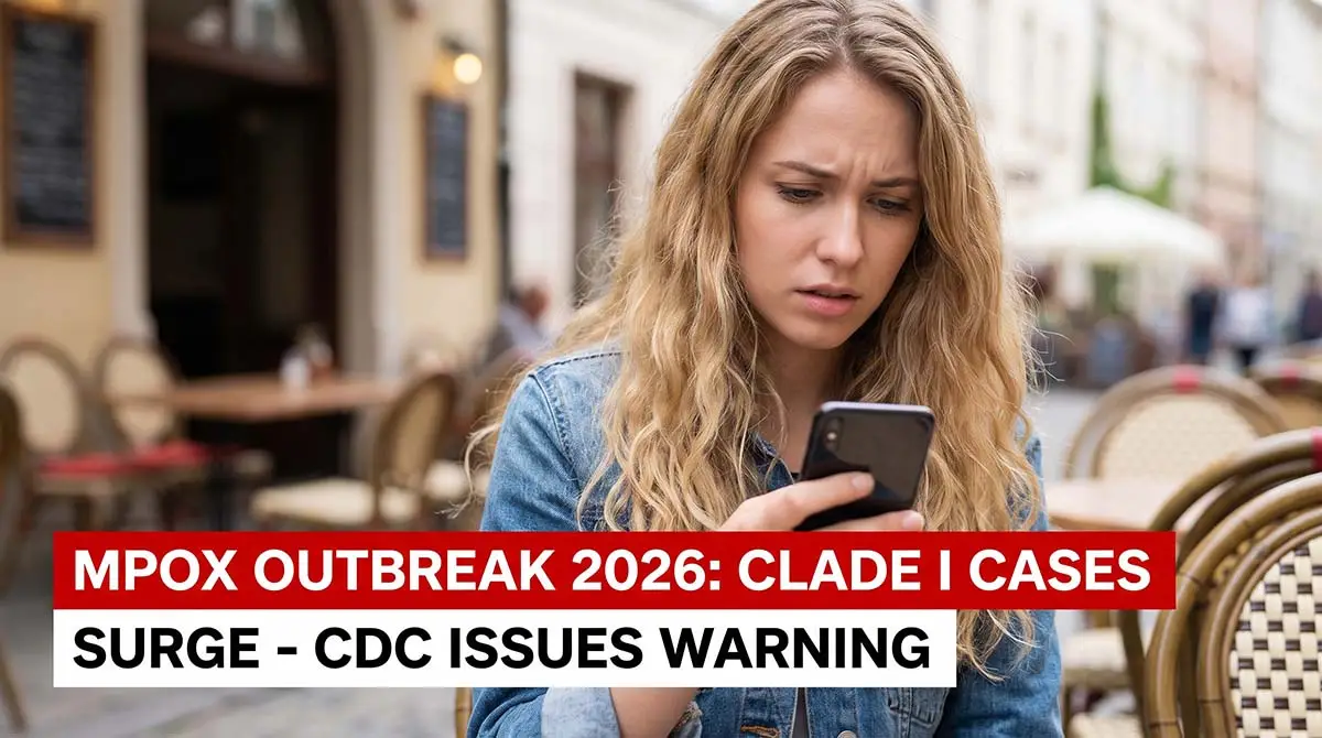CDC mpox alert map showing Clade I cases in the US in 2026, with viral particles illustration.