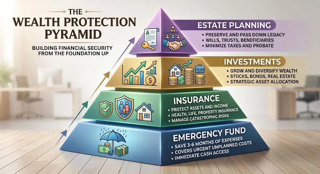Wealth protection pyramid showing five tiers: emergency fund, health insurance, auto insurance, investments, and estate planning